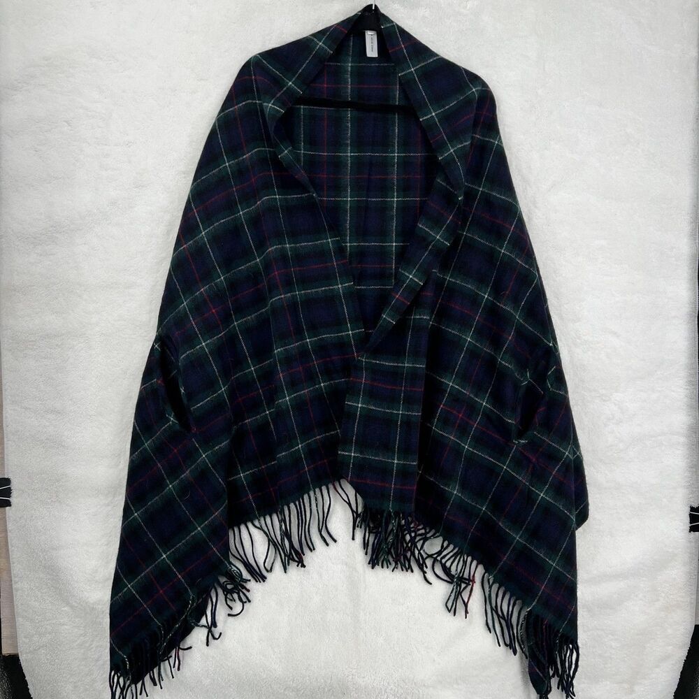 J Crew Plaid Wrap Womens One Size Navy Green Wool Blend Fringe Shawl Poncho